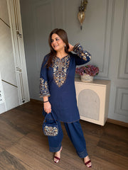 (Alishka) Beautiful embroidered denim look winter co-ord set with embroiodered bag