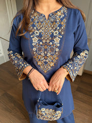 (Alishka) Beautiful embroidered denim look winter co-ord set with embroiodered bag