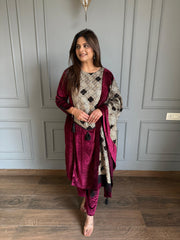 Velvet embroided shawl suit (Wine)