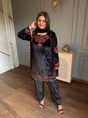 Beautiful formal embroidered velvet shawl suit (Beena)