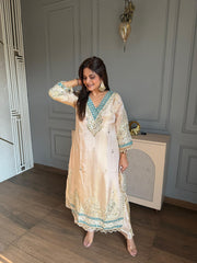 Beautiful long mirror detailing tissue suit with embroidered potli with full cotton lining (Lehar)