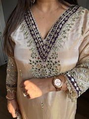Beautiful long mirror detailing tissue suit with embroidered potli with full cotton lining (Lehar)