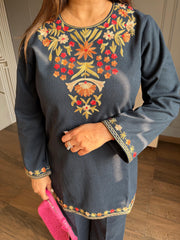 Beautiful corduroy velvet kashmiri embroidered co-ord set (Saima)