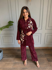 Superior quality corduroy velvet embroidered co-ord set (Chery)