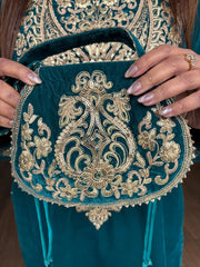 VELVET STRAIGHT SUIT WITH POTLI