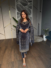 SHIMMER VELVET NECK EMBROIDERY SHAWL SUIT