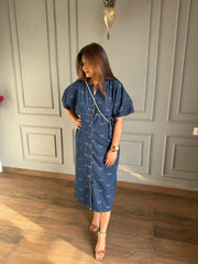 Denim Baggy printed calf length dress with bag (Chanel)
