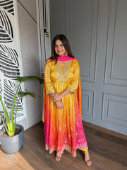 Gorgeous Embroidered Flarred Anarkali Muslin suit with full muslin dupatta (Bandhej)