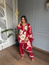 Crepe hand painted embroided suit with lining (Cherry)