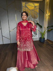 New shimmer tissue Sharara hand embroidered Suit with embroidered tissue dupatta (Sitara)