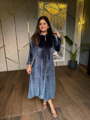 Velvet hand embroided calf length dress (Liza)