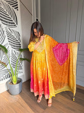 Gorgeous Embroidered Flarred Anarkali Muslin suit with full muslin dupatta (Bandhej)