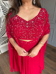 Pleated comfortable skirt with hand embroidered blouse and embroidered cape (Jamun)