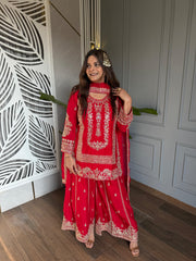 Embroidered Sharara Suit with embroidered Chinnon dupatta (Karwa)