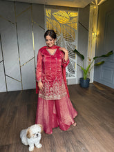 New shimmer tissue Sharara hand embroidered Suit with embroidered tissue dupatta (Sitara)