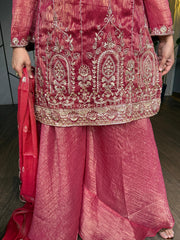 New shimmer tissue Sharara hand embroidered Suit with embroidered tissue dupatta (Sitara)