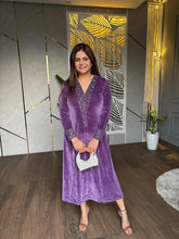 Crush velvet dress with embroided neckline