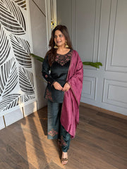 Corduroy velvet formal festive suit with silk dupatta (Shirin)