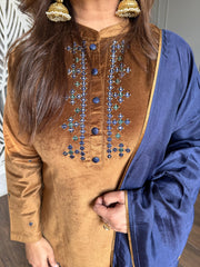 Corduroy velvet formal festive suit with silk dupatta (Shirin)