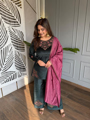 Corduroy velvet formal festive suit with silk dupatta (Shirin)