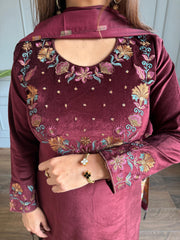 Corduroy velvet embroided suit with banarasi dupatta (Parisa)