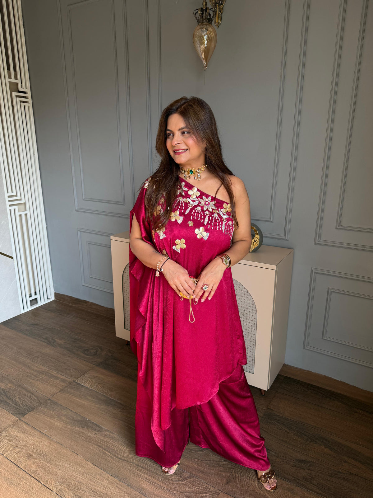 Super pretty hand embroidered one shoulder indo western festive launch (Yashika)