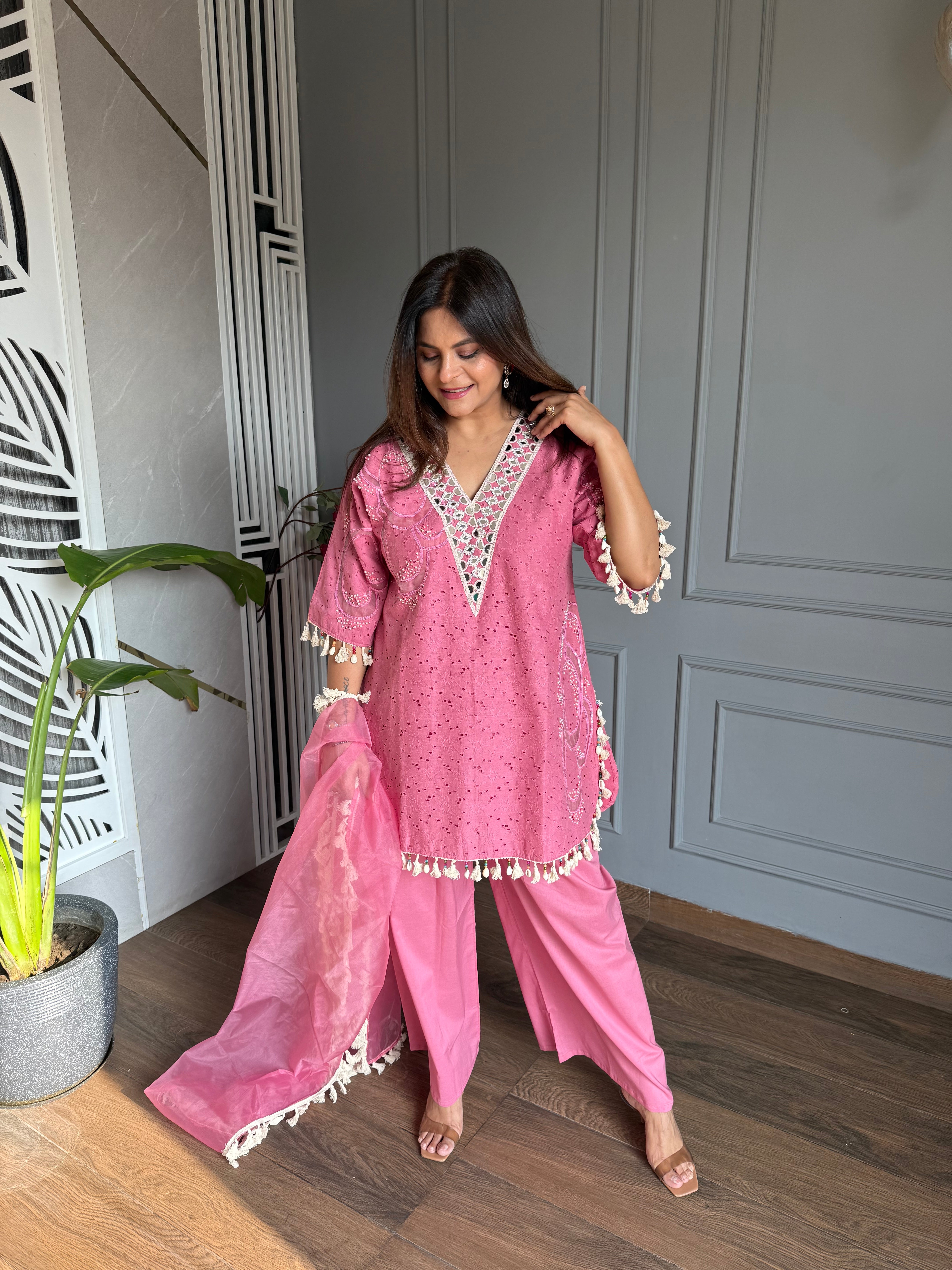 Cotton embroided co-ord set with mirror work and lining on shirt (Gulaab)