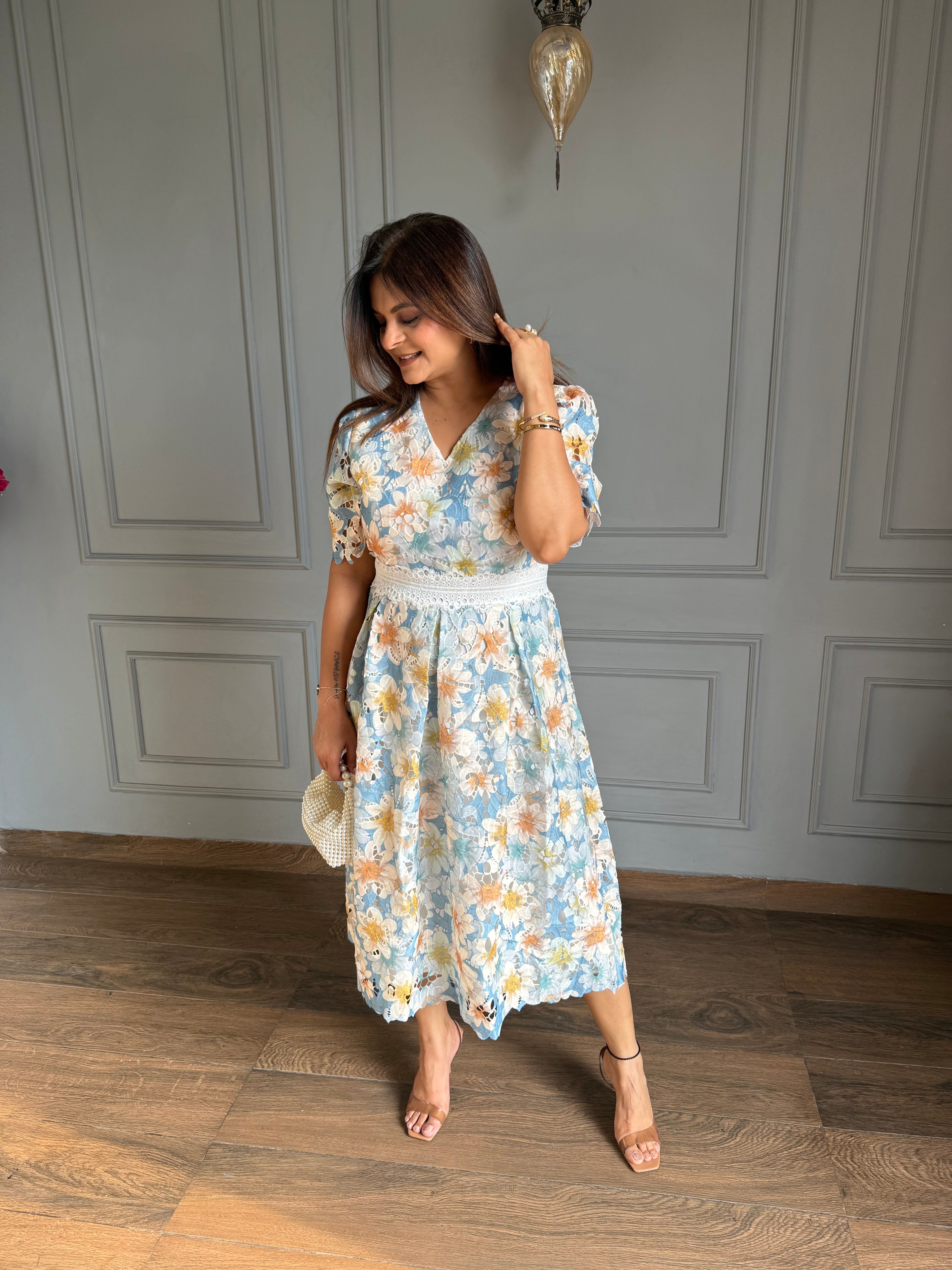 Cotton crochet calf length dress (Galaxy)