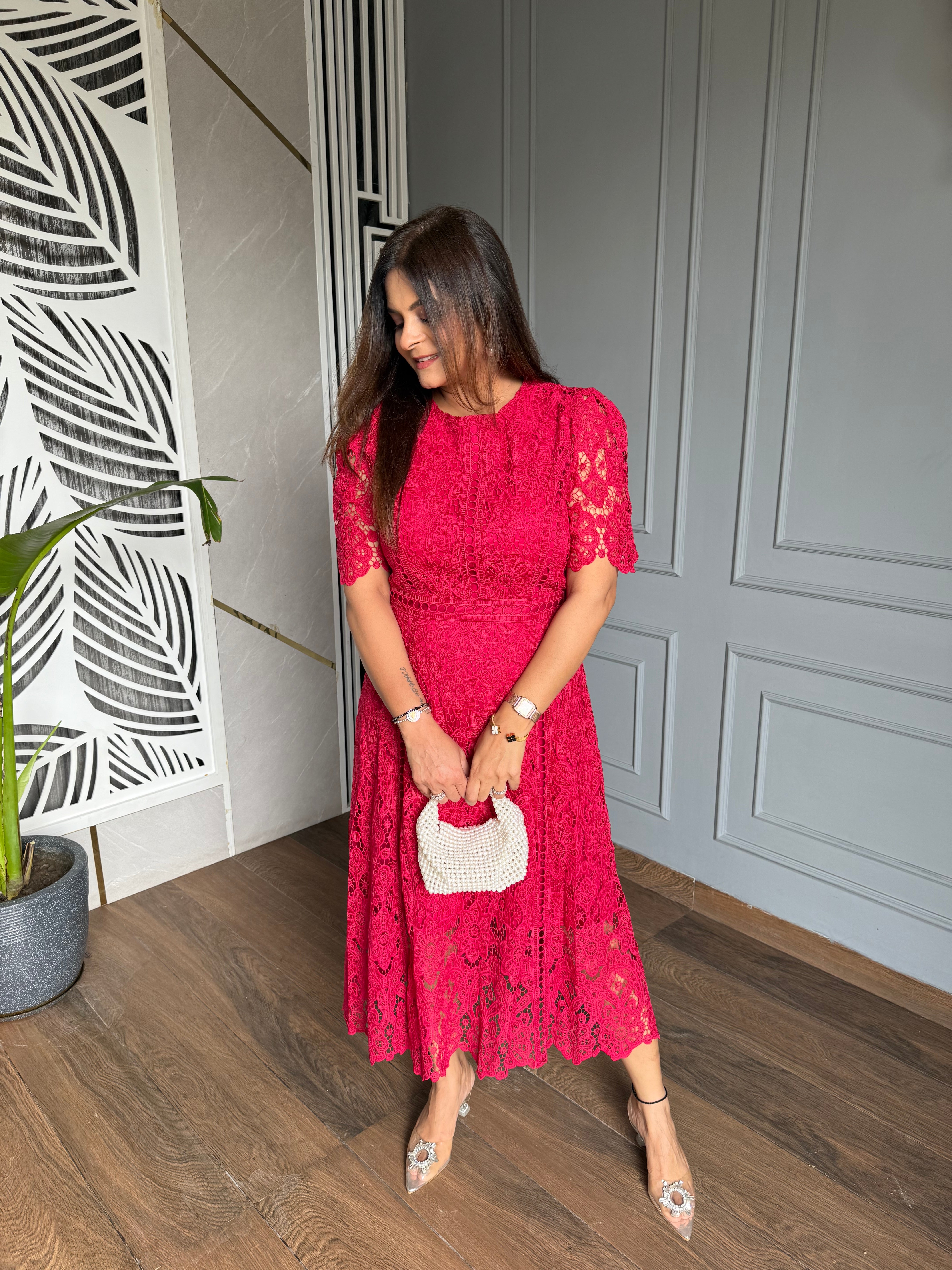 Cotton crochet calf length dress (Love)