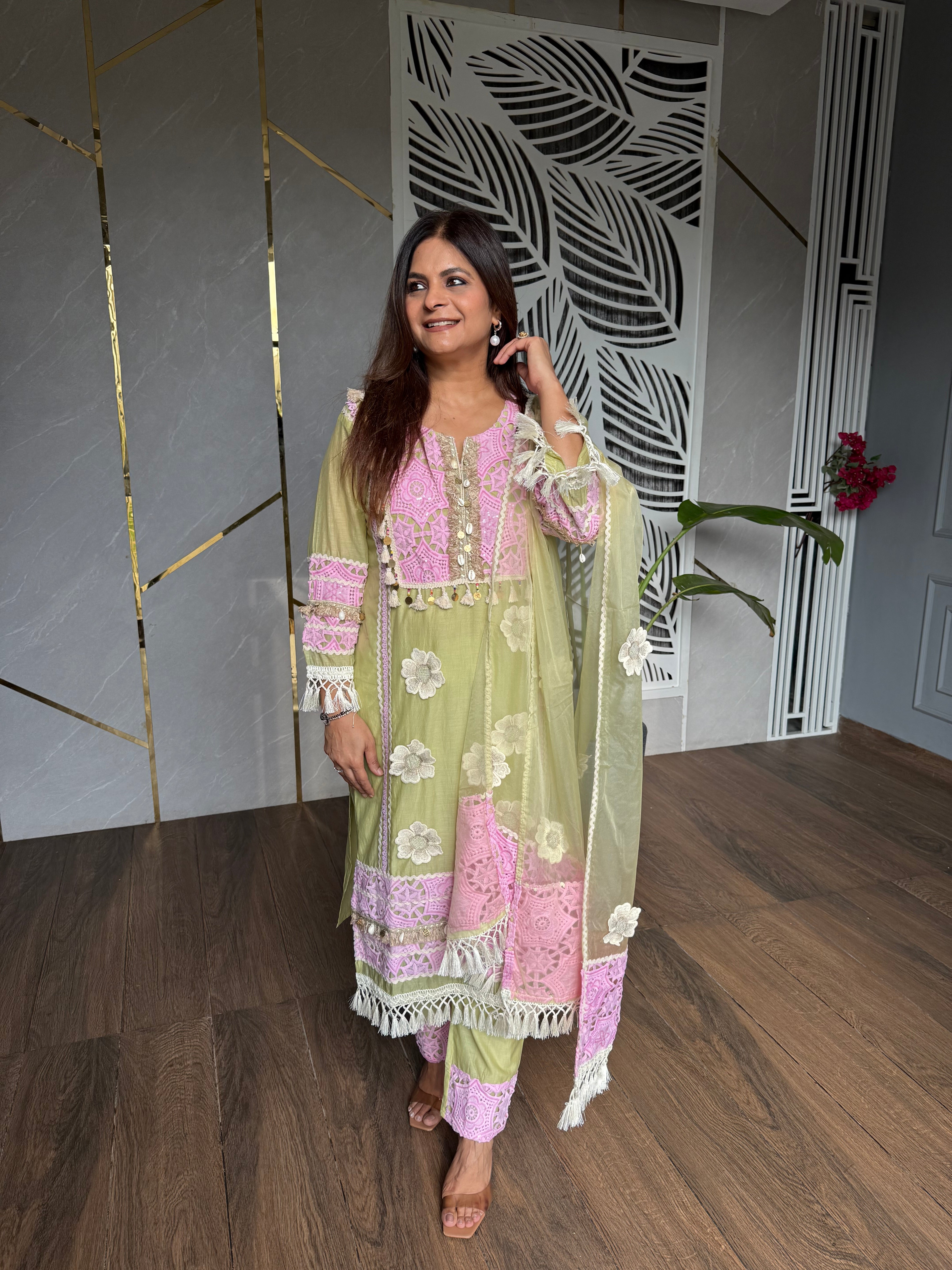 Mul chanderi embroided suit