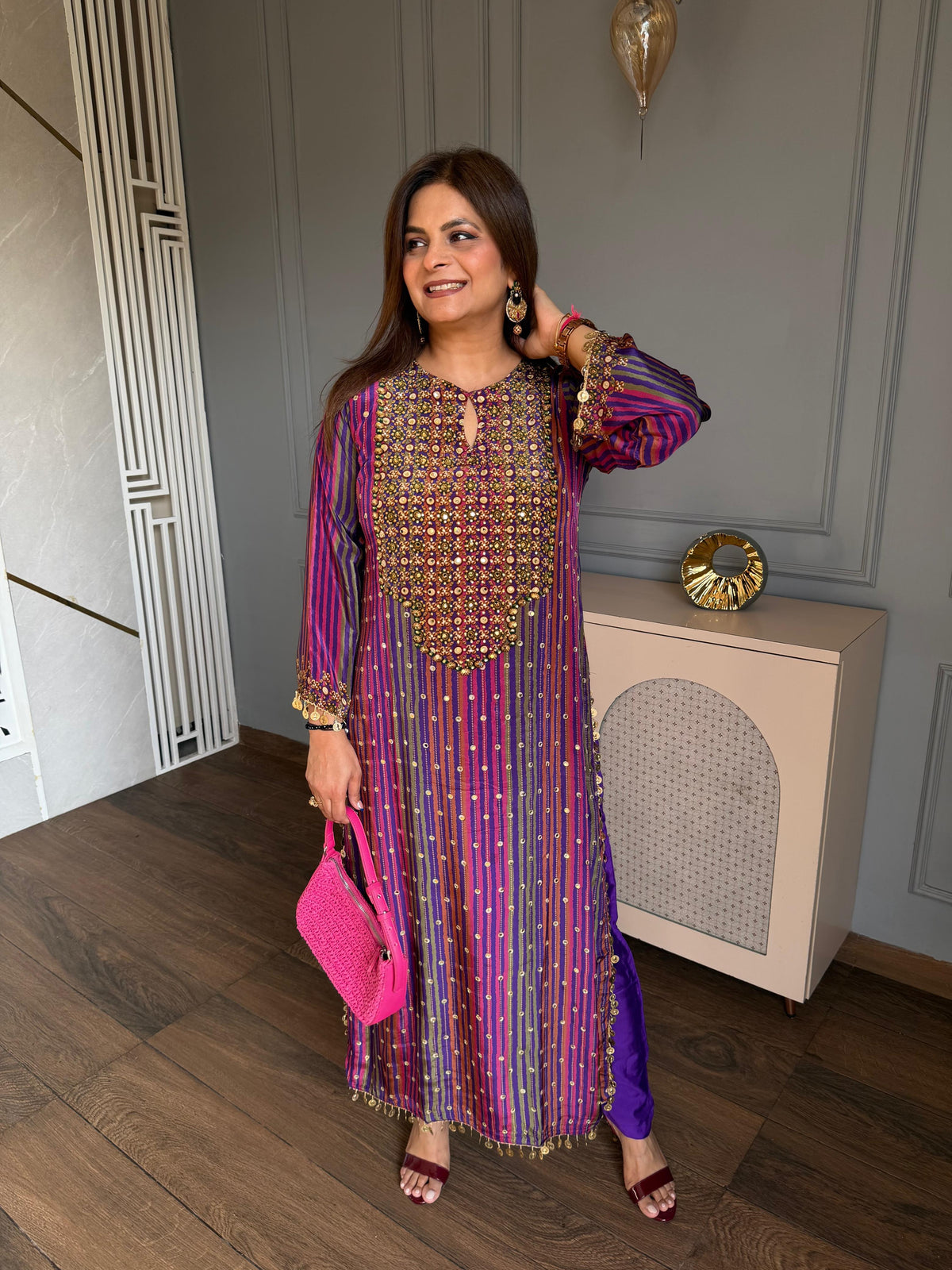 Beautiful long 2 piece chogha set with mirror work done on front (Rukku)