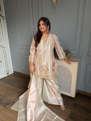 Hand embroidered tissue formal suit with tissue dupatta (Rani)