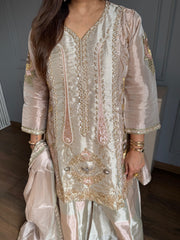 Hand embroidered tissue formal suit with tissue dupatta (Rani)