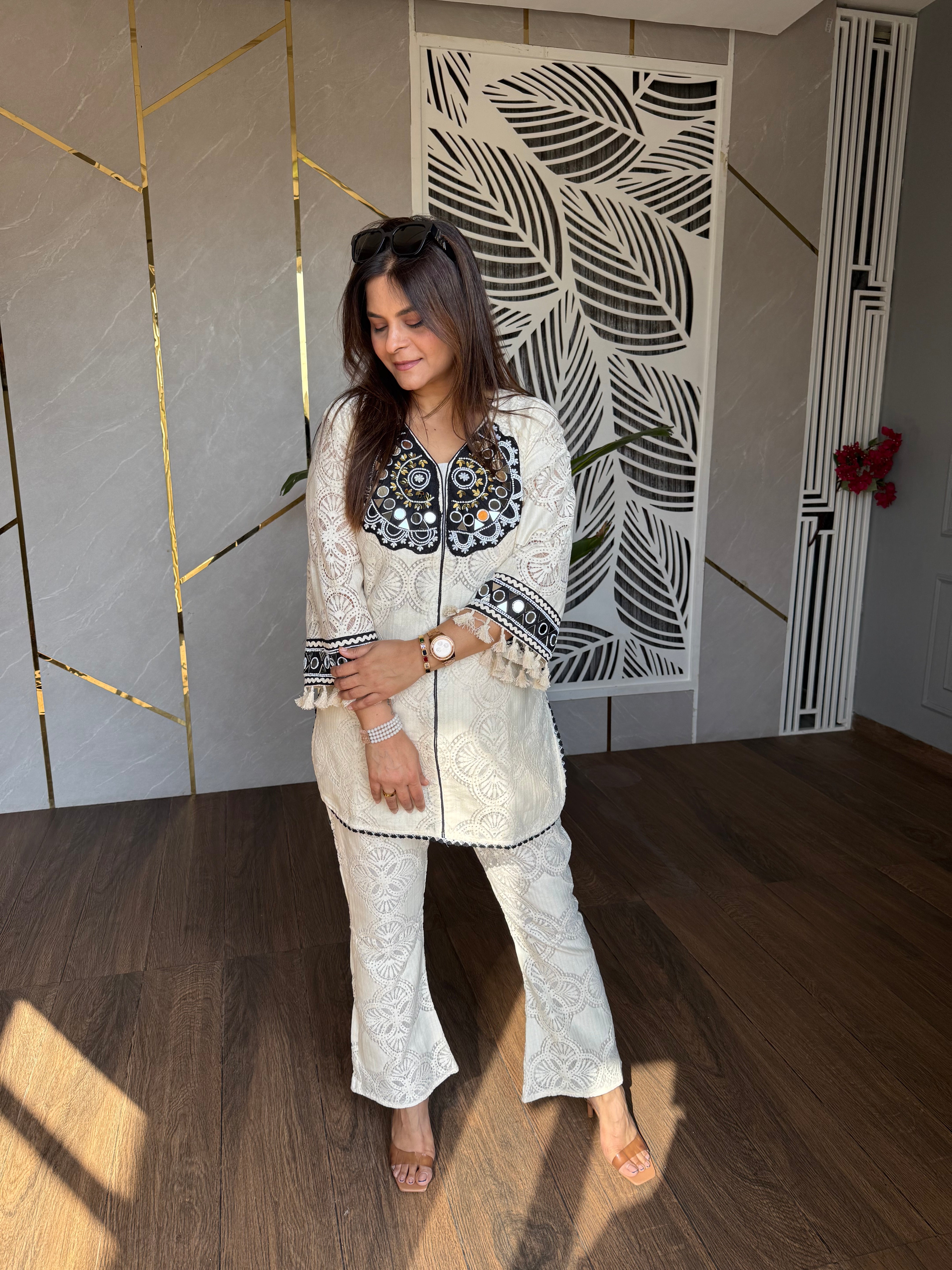 Cotton crochet mirror work co-ord set