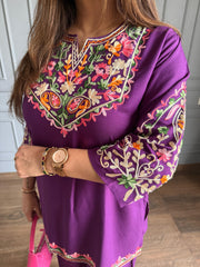 Kashmiri embroidered summer cotton rayon co-ord set (Sofia)