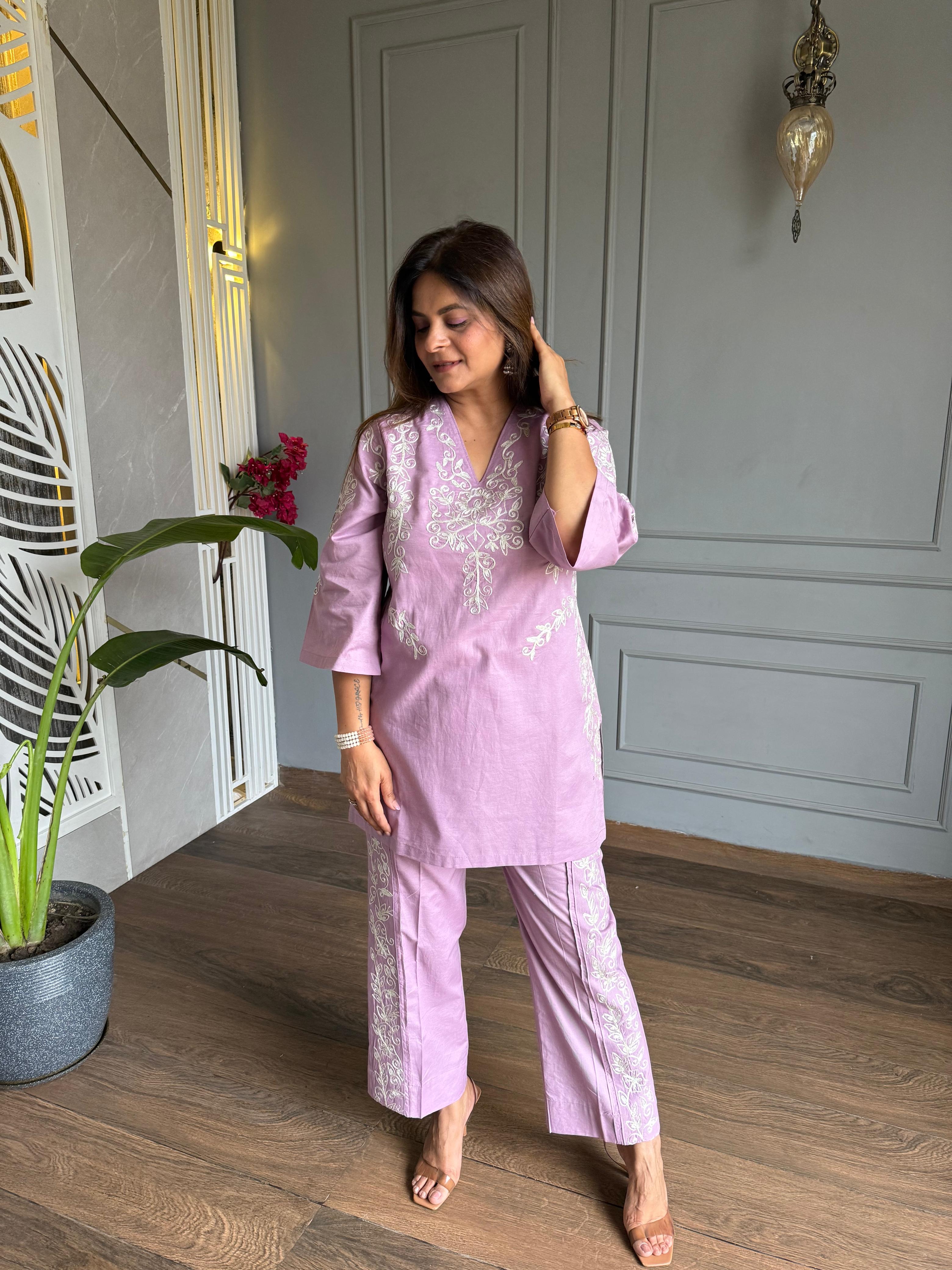 Kashmiri embroided linen co-ord set (coconut)