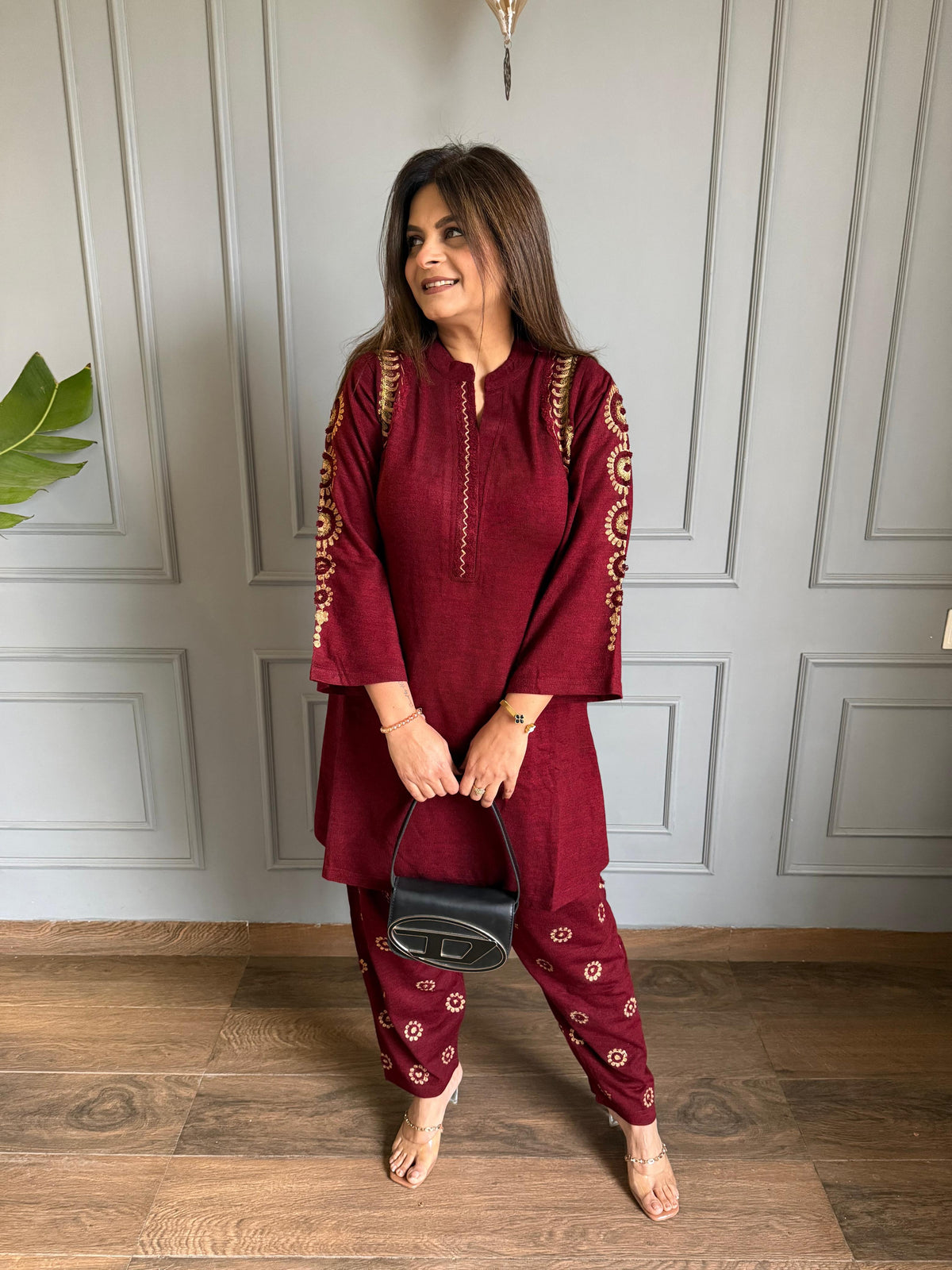 2 Piece woollen embroided side pocket embroidered co-ord set (Neelam)