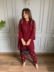 2 Piece woollen embroided side pocket embroidered co-ord set (Neelam)