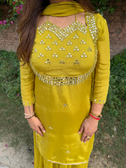 Beautiful hand embroidery mirror work sharara suit in pure chinnon (Sneha)