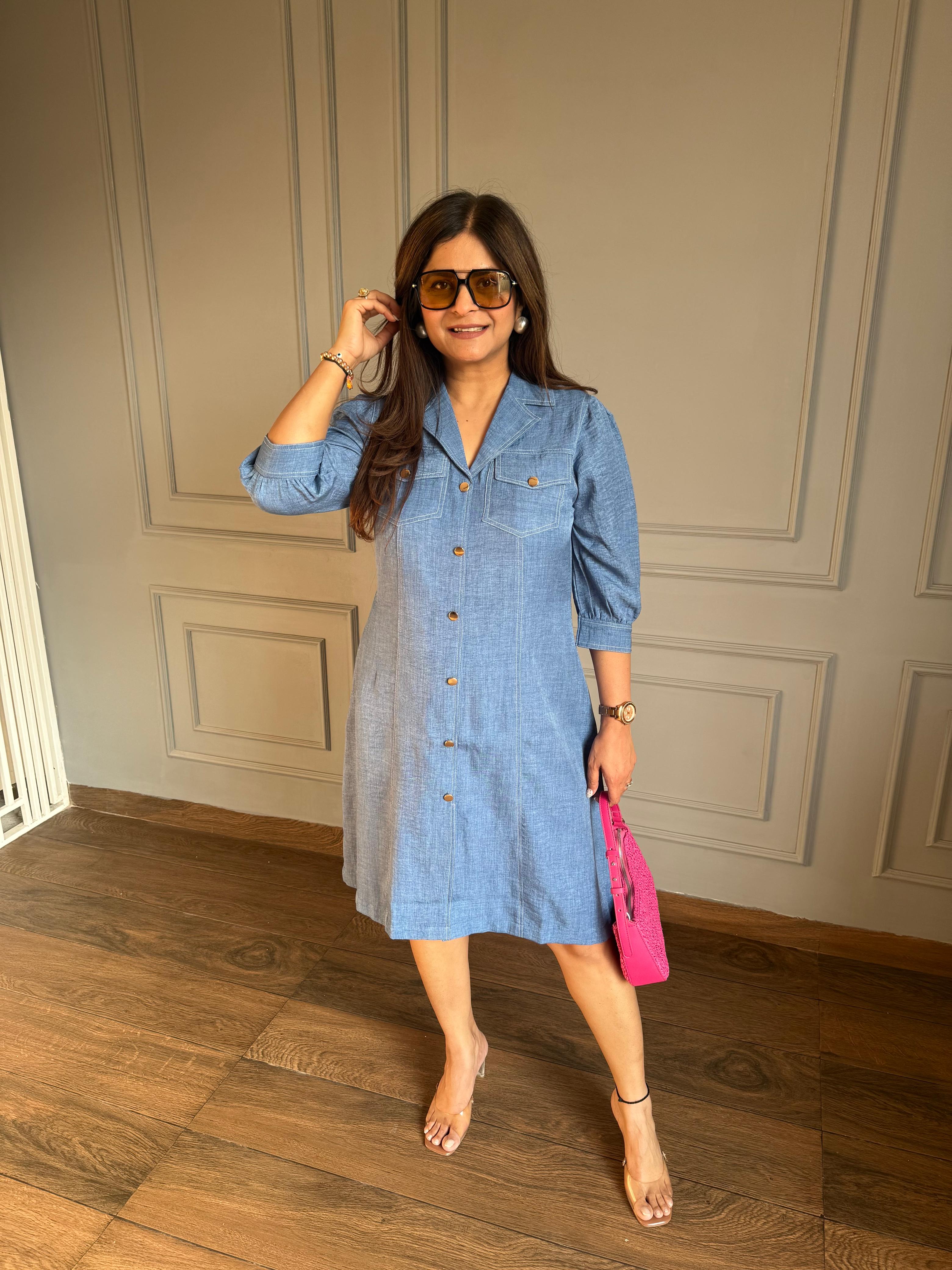 summer denim dress Cool calf length denim dress for summer (Sunny) – YANA ANJALI