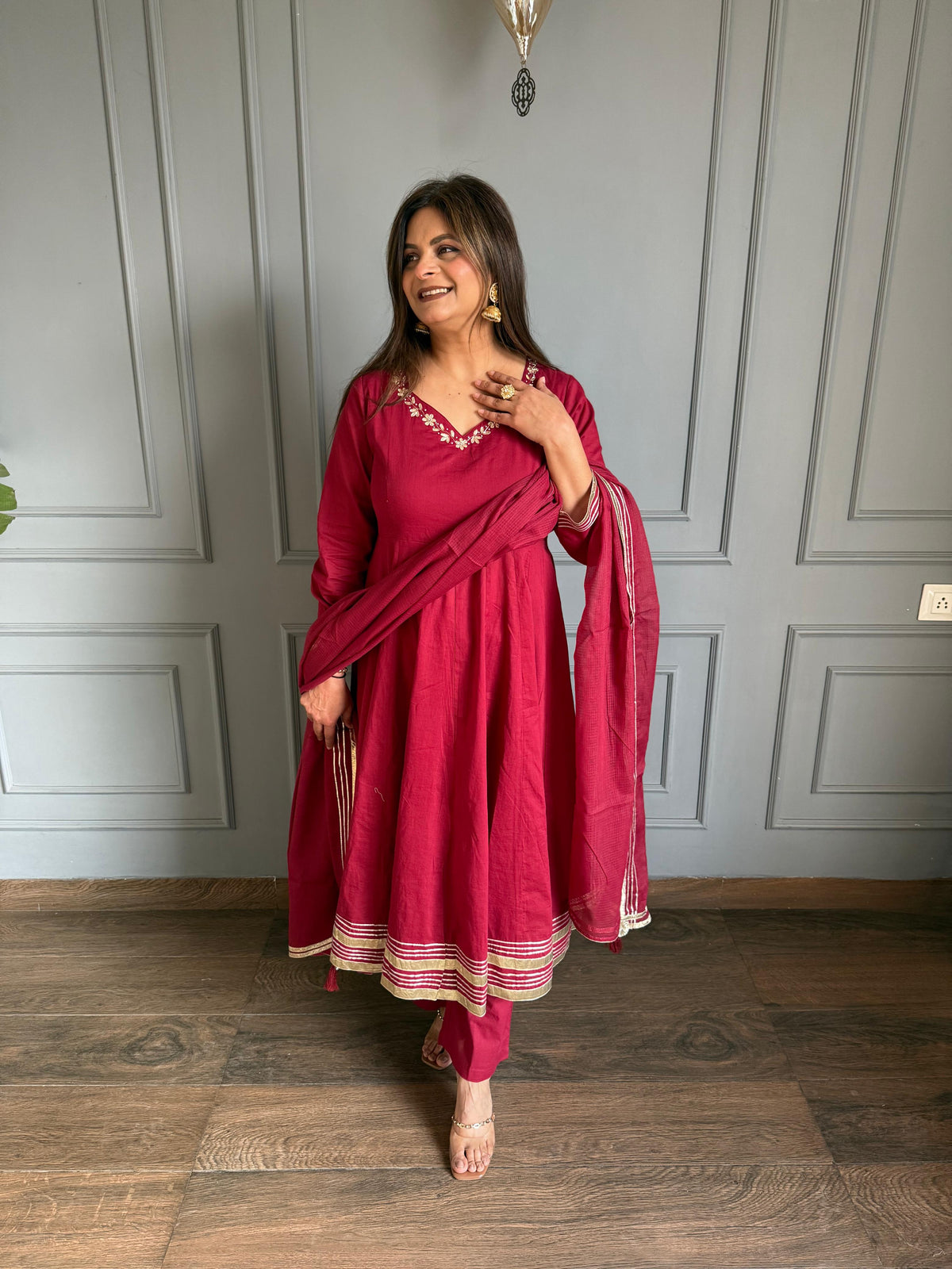 Pure cotton full flarred anarkali embroidered suit (Panji)