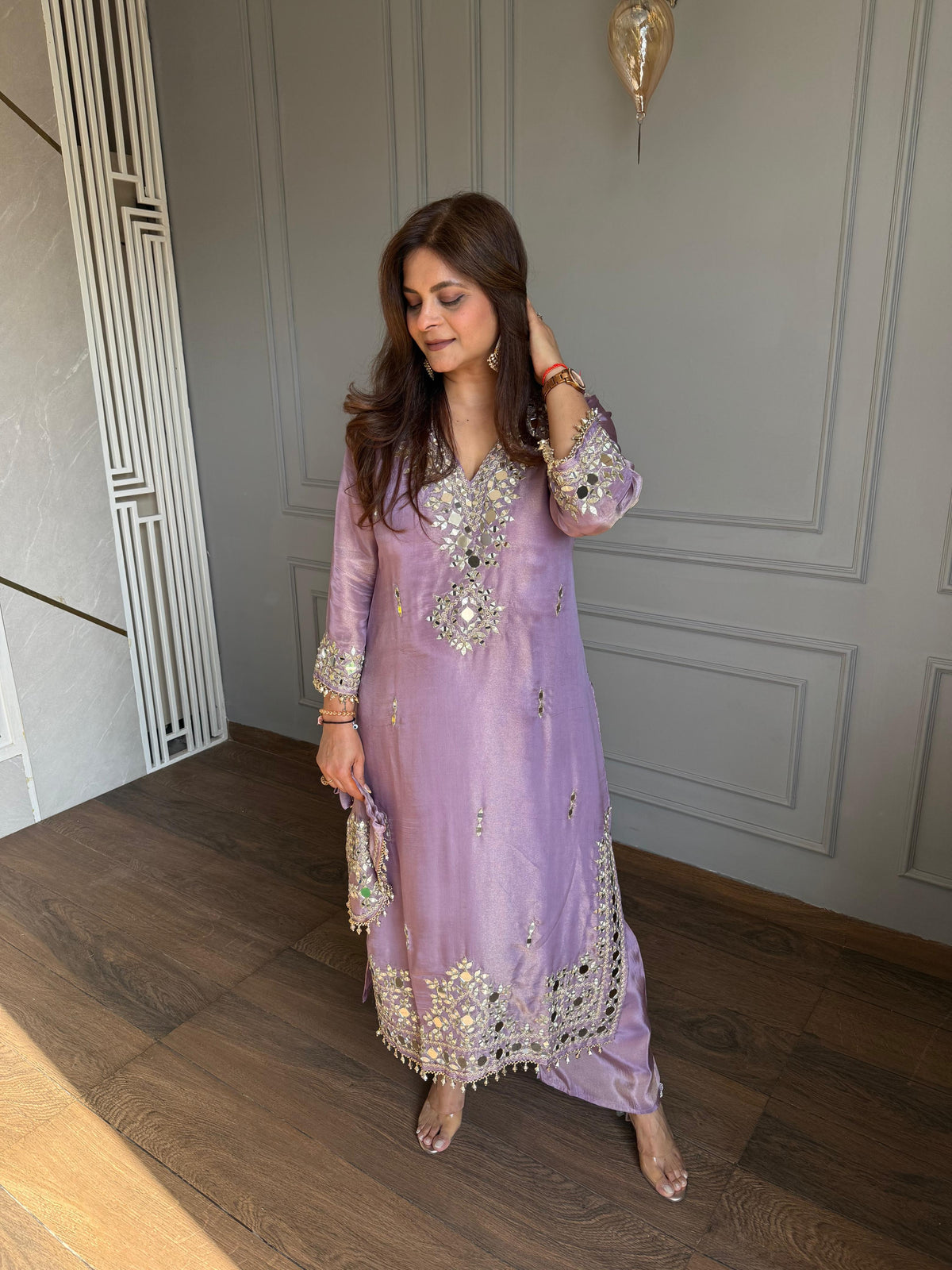 Real mirror work tissue potli long shirt co-ord set (Sahher)