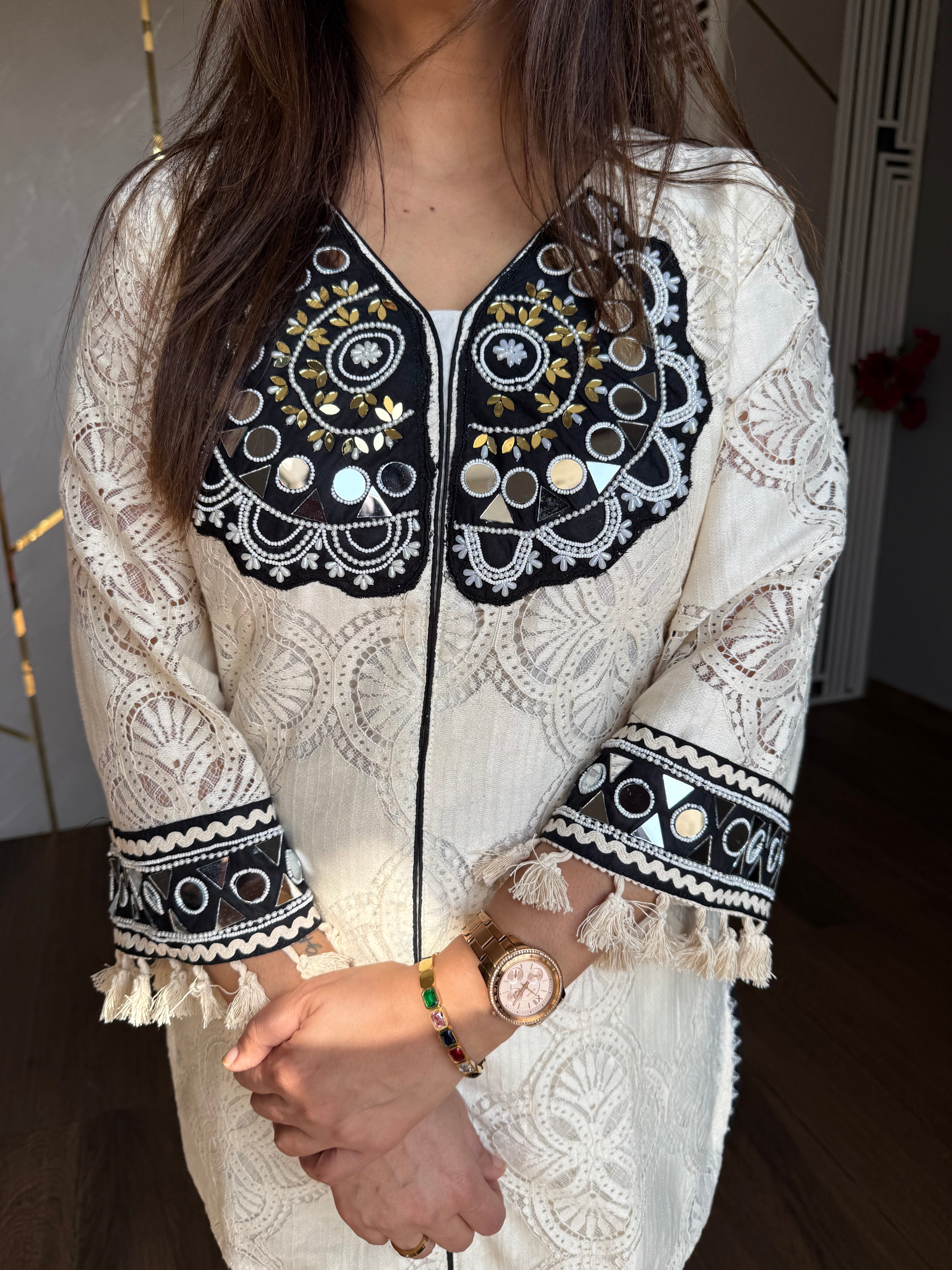 Cotton crochet mirror work co-ord set