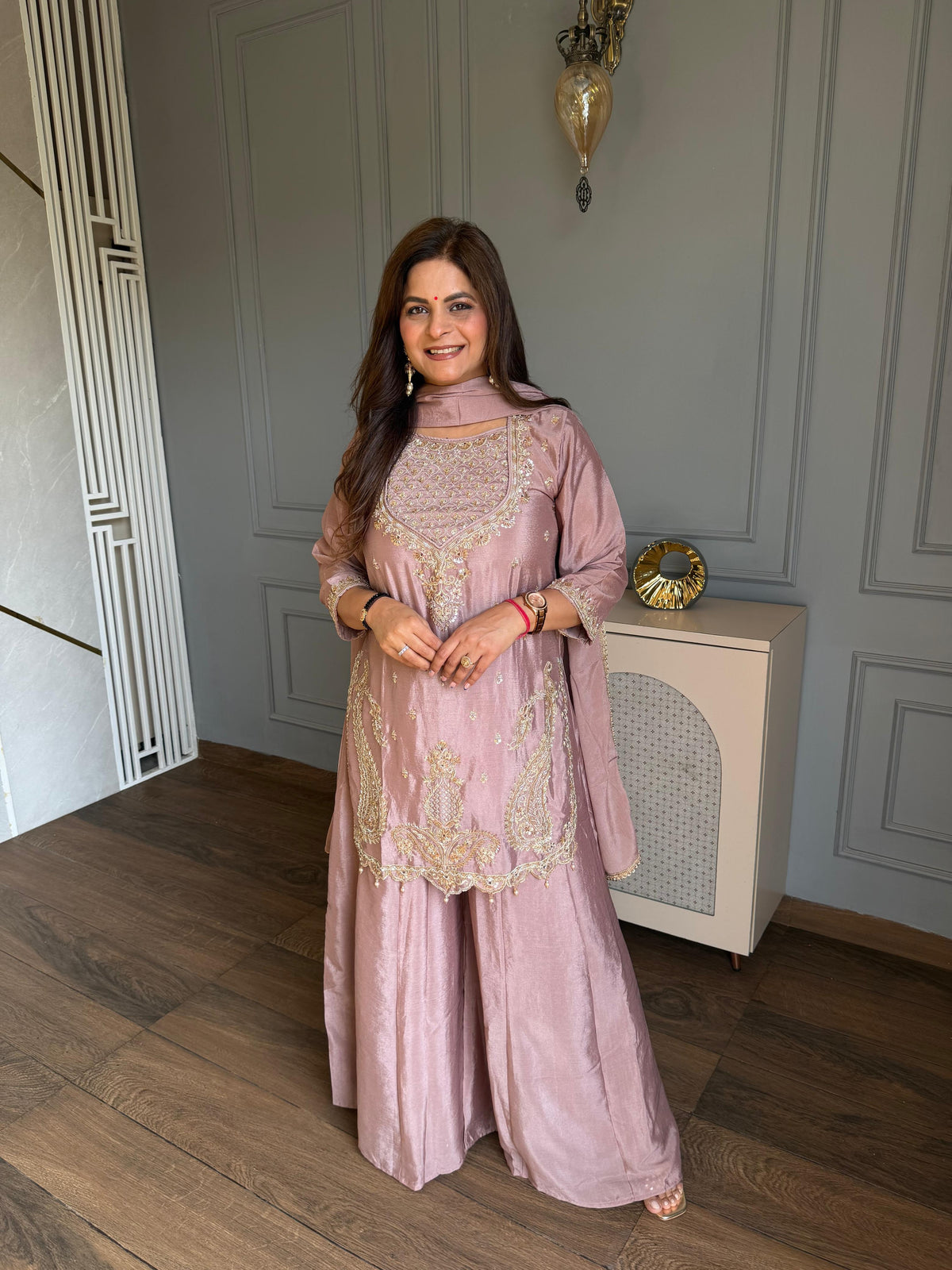 Pure chinnon sharara hand embroidered suit (Vidhi)