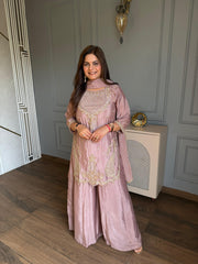Pure chinnon sharara hand embroidered suit (Vidhi)