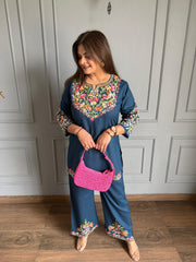 Kashmiri embroidered summer cotton rayon co-ord set (Sofia)