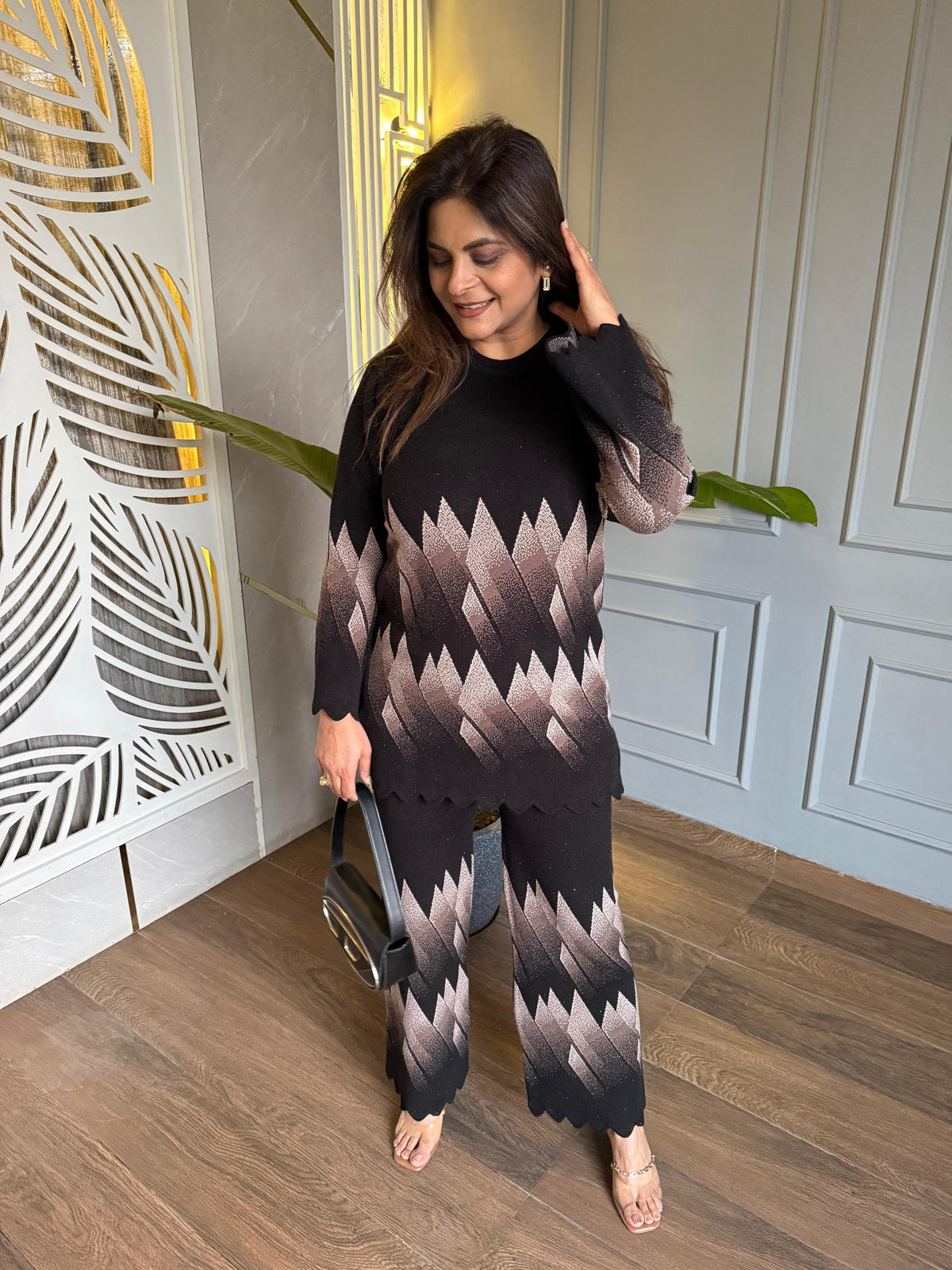Beautiful super warm and soft knitted wool printed co-ord set with shimmer work (Hina)