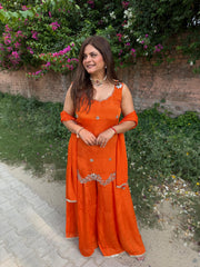 Beautiful chinnon chiffon real mirror work suit with full lining and sleeves attached suit (Amal)