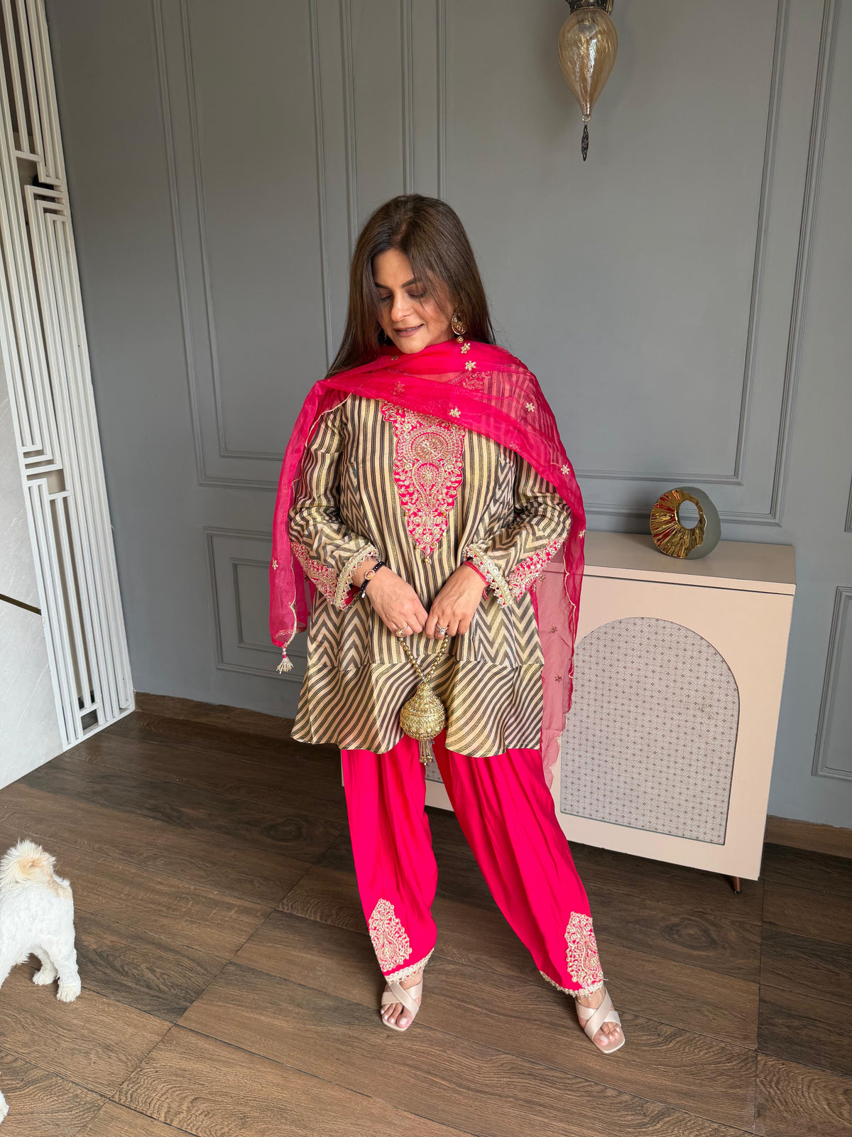 Beautiful formal embroidered short A lined farshi salwar suit (Kyra)