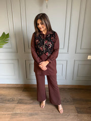 3 Piece jacket embroidered co-ord set (Chocolate)